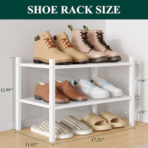 Smiry Bamboo Shoe Rack, 5 Horizontal Slats, 2 Tier - 17.3 Wide, White